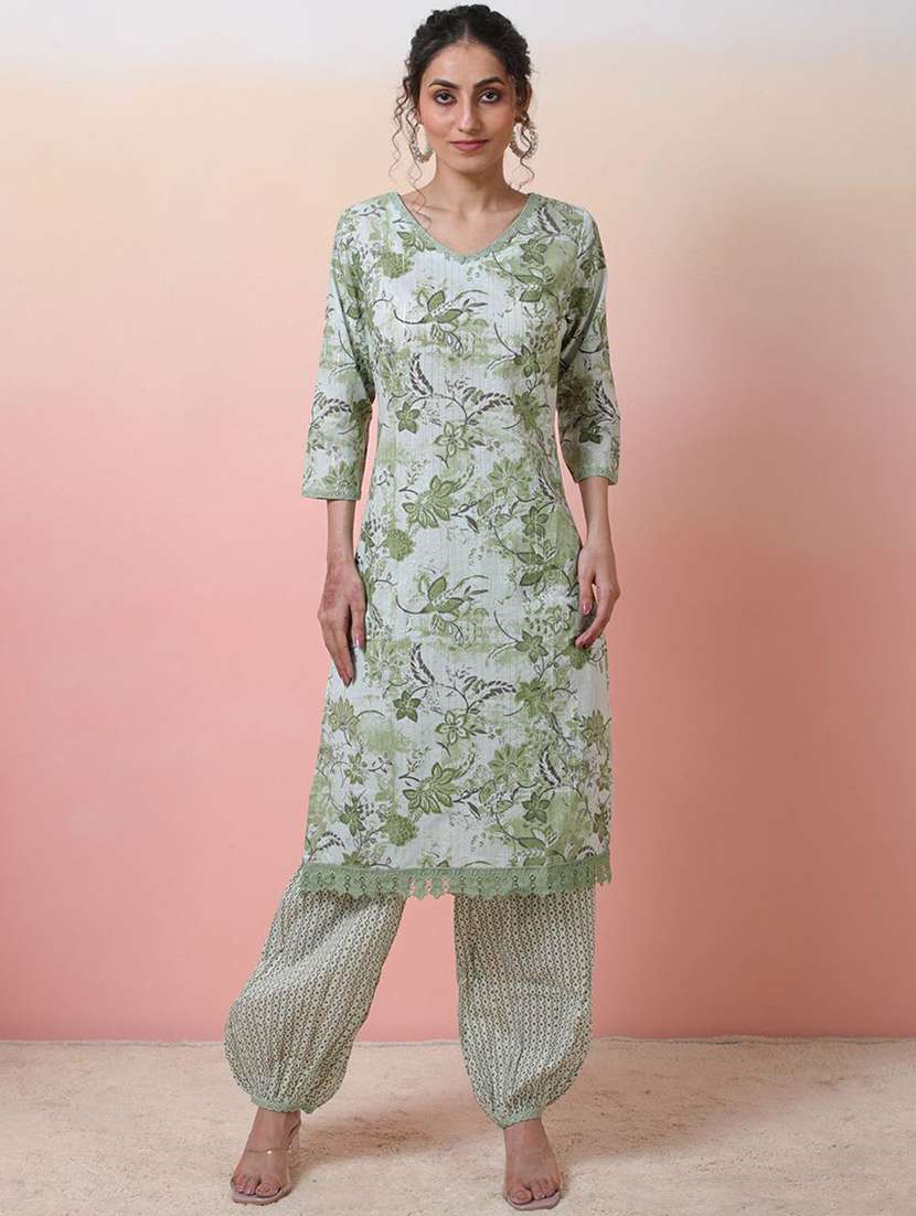 women printed three quarter sleeves kurta salwar set
