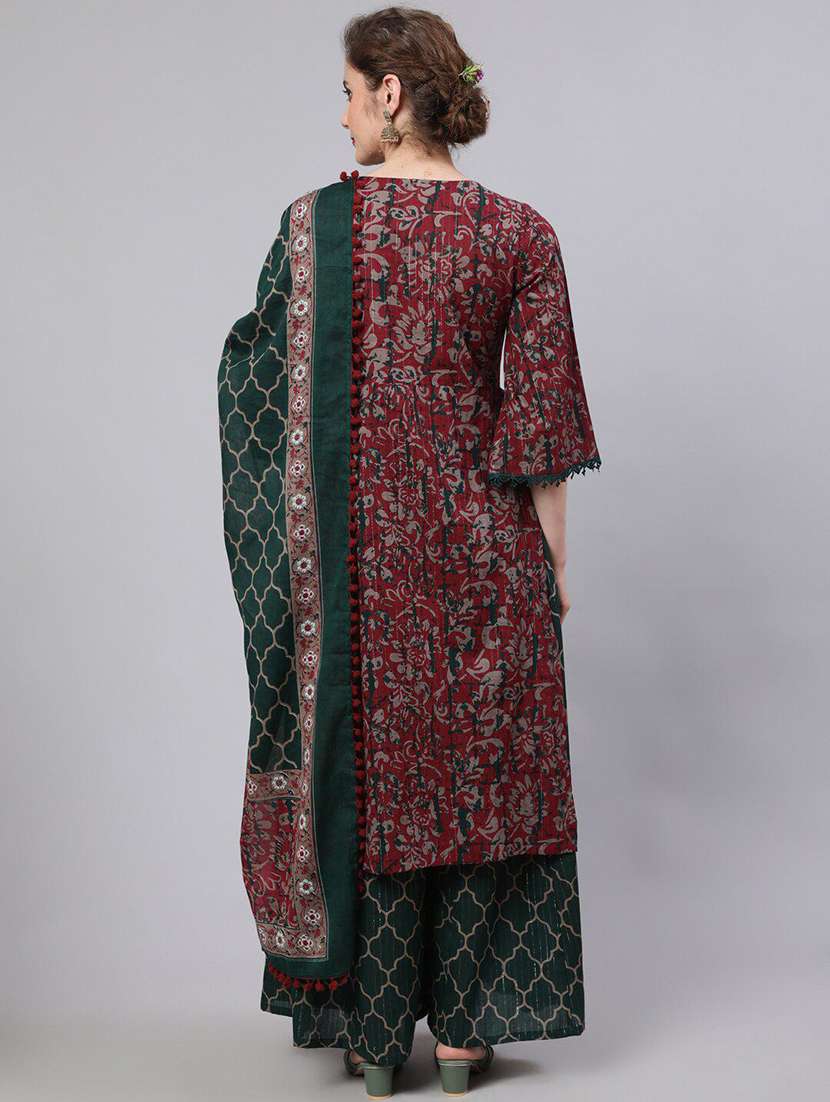 Women Printed Three Quarter Sleeves Kurta Palazzo Set With Dupatta - 22578529 -  Standard Image - 3