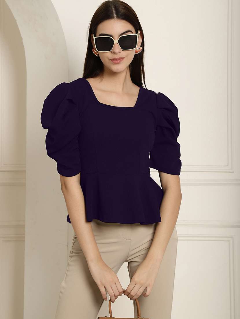 women solid puff sleeves peplum top