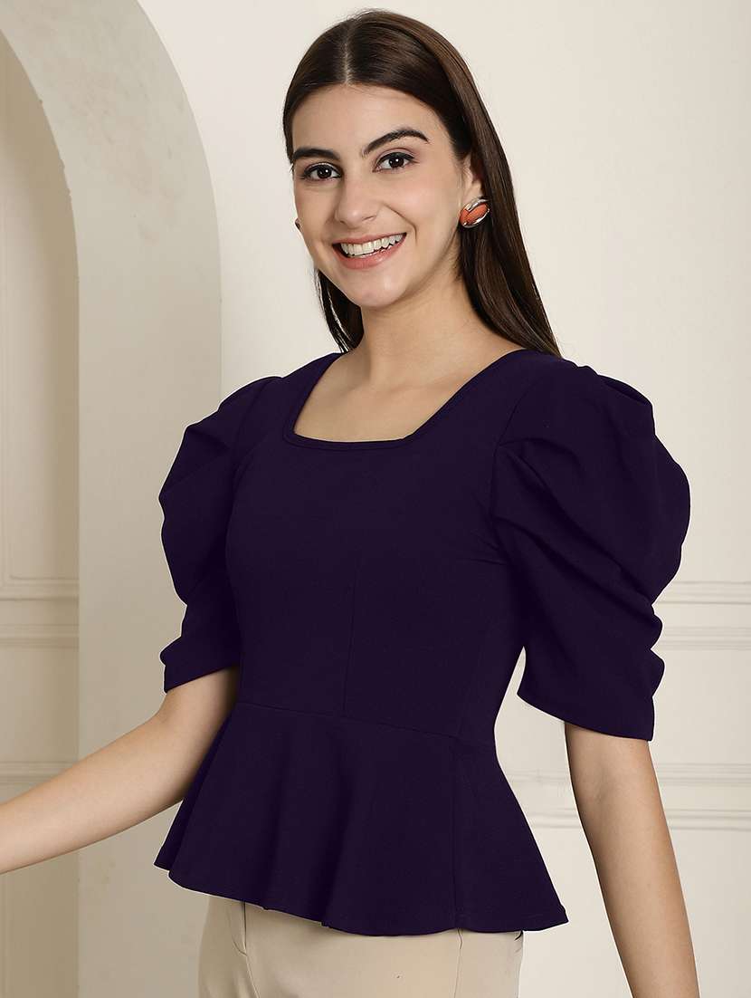 women solid puff sleeves peplum top - 22578875 -  Standard Image - 3