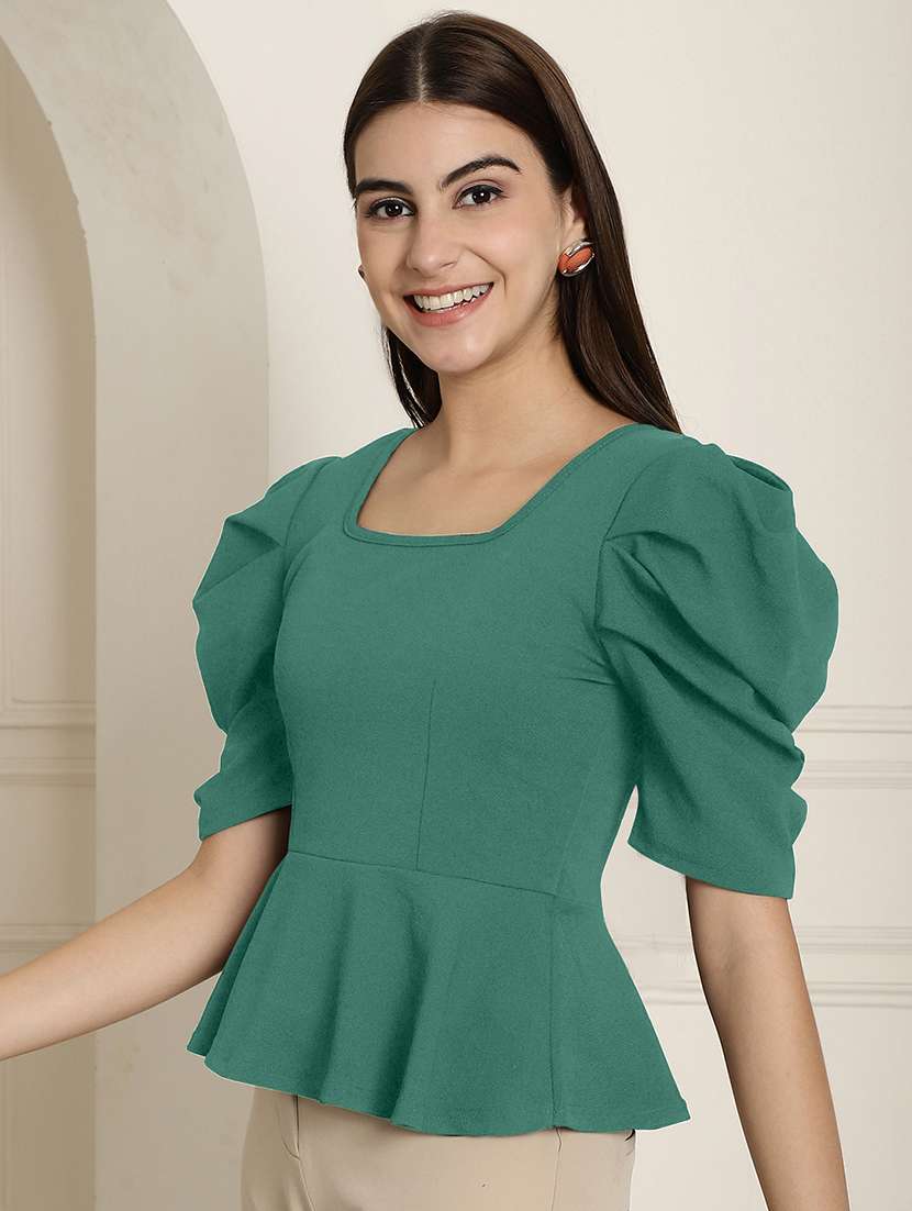 women solid puff sleeves peplum top - 22578876 -  Standard Image - 3