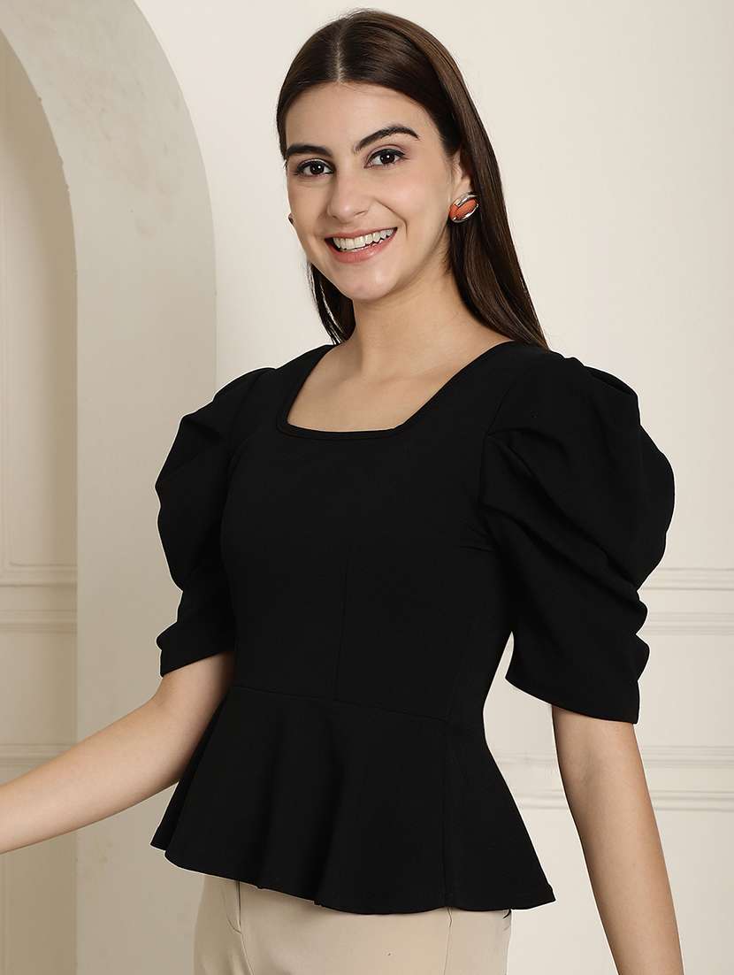 women solid puff sleeves peplum top - 22578877 -  Standard Image - 3