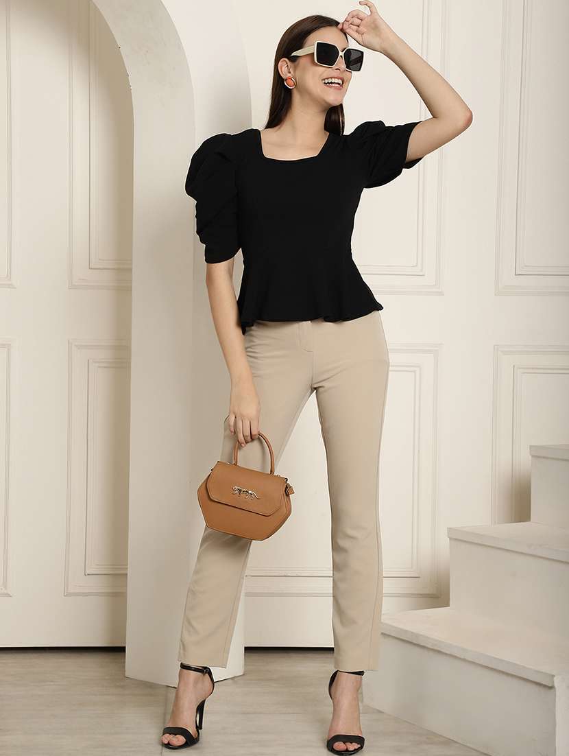 women solid puff sleeves peplum top - 22578877 -  Standard Image - 5