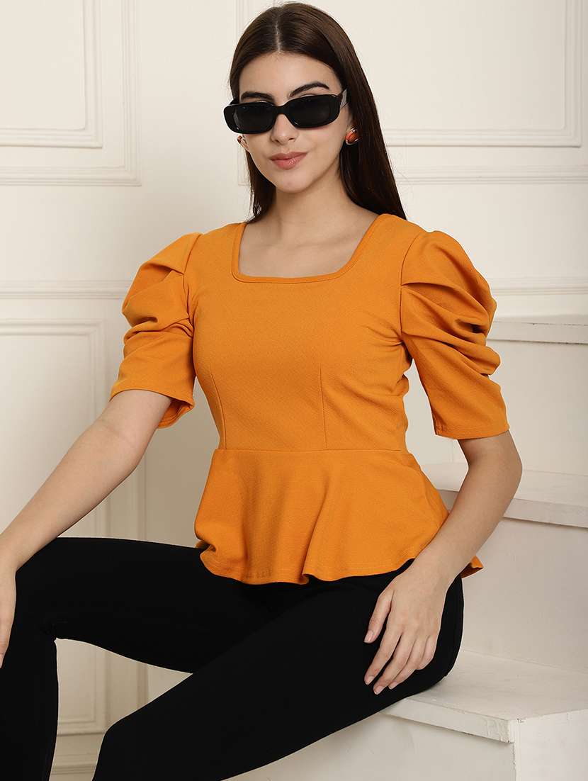 women solid puff sleeves peplum top