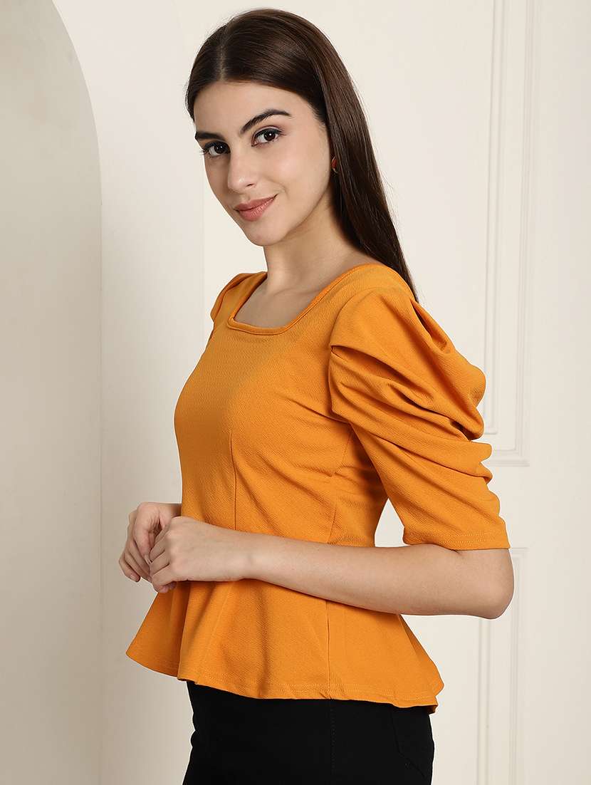 women solid puff sleeves peplum top - 22578878 -  Standard Image - 3