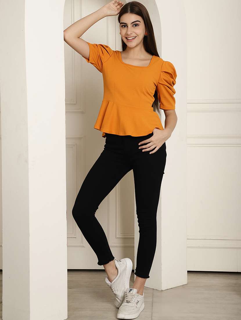 women solid puff sleeves peplum top - 22578878 -  Standard Image - 5