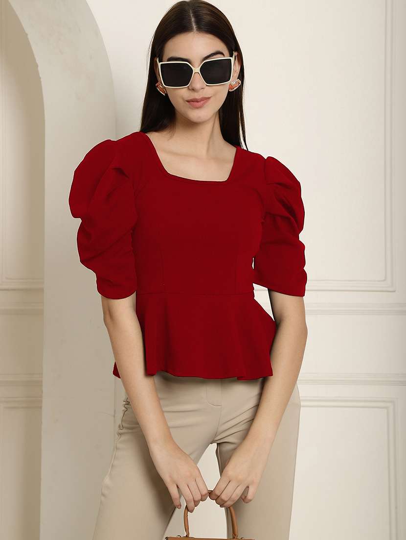 women solid puff sleeves peplum top