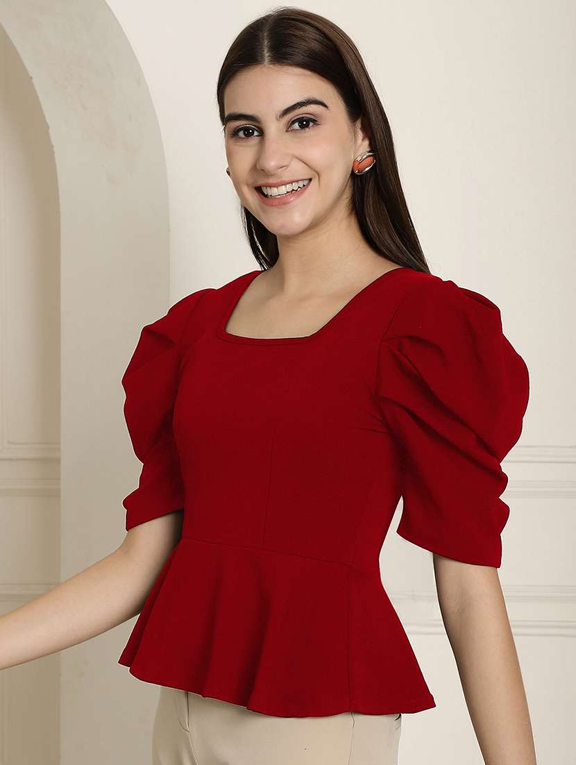 women solid puff sleeves peplum top - 22578879 -  Standard Image - 3