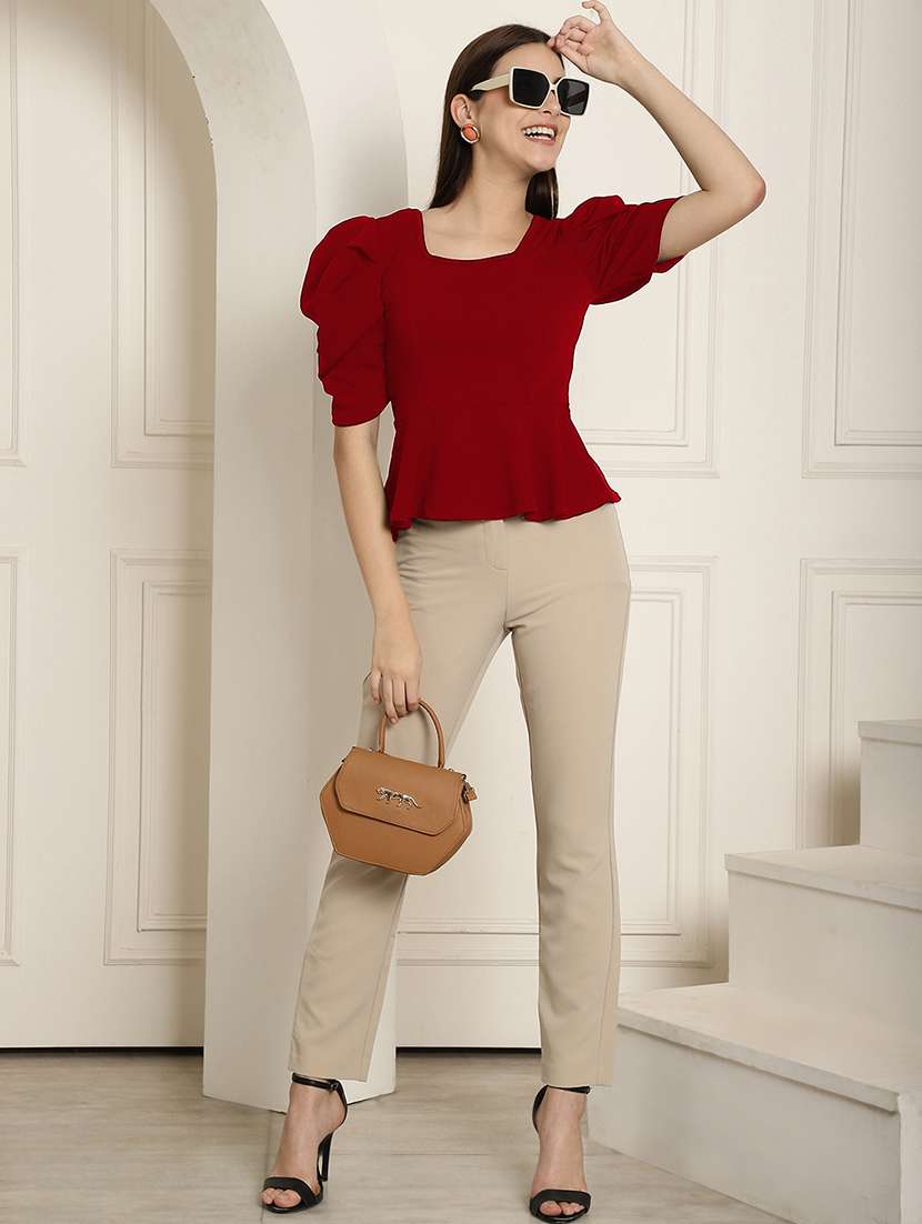 women solid puff sleeves peplum top - 22578879 -  Standard Image - 5