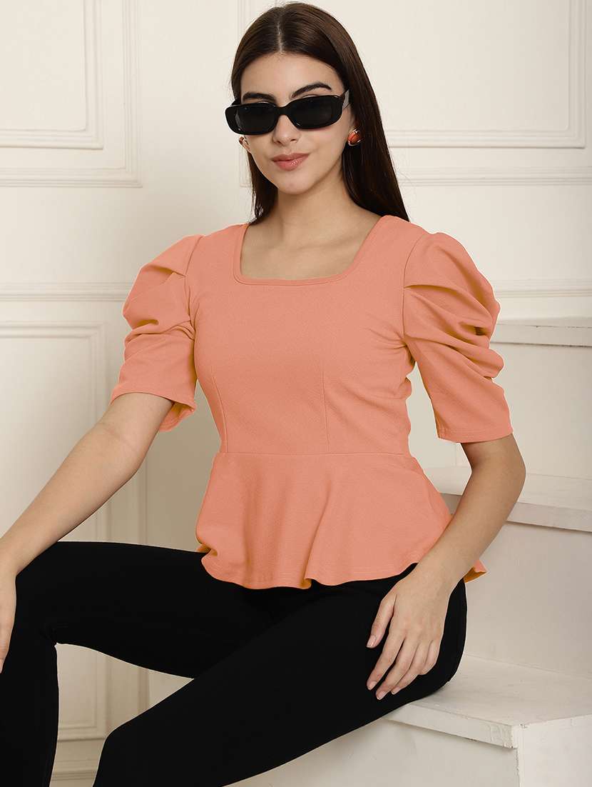 women solid puff sleeves peplum top