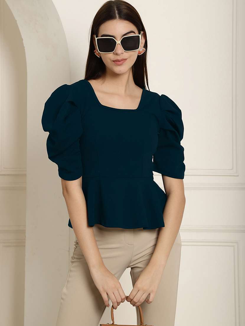 women solid puff sleeves peplum top