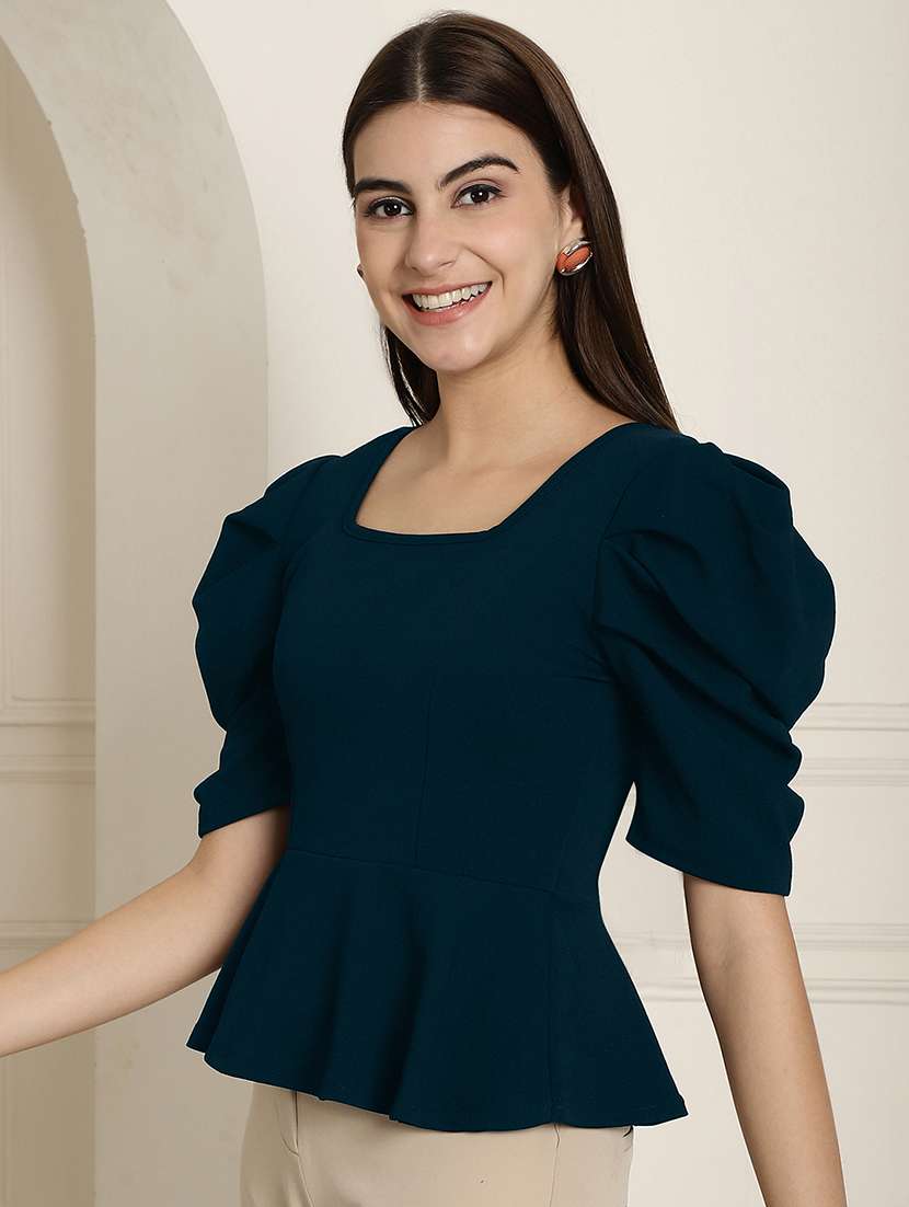 women solid puff sleeves peplum top - 22578881 -  Standard Image - 3