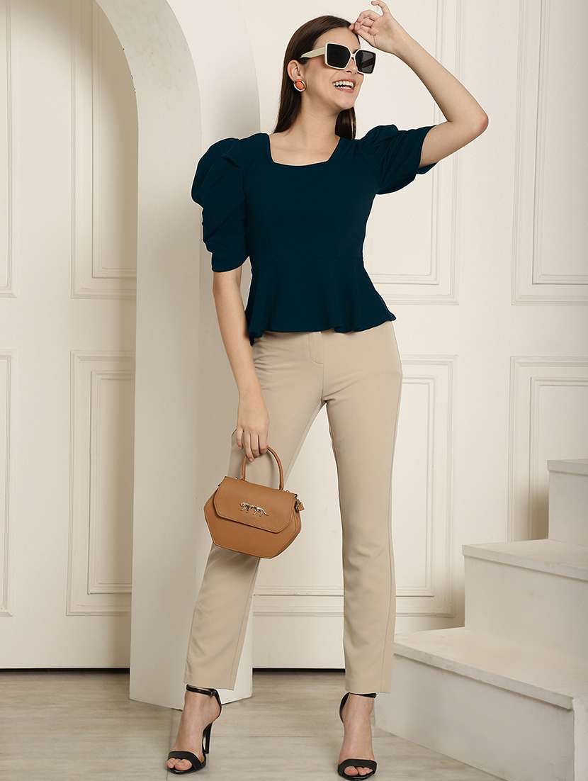 women solid puff sleeves peplum top - 22578881 -  Standard Image - 5