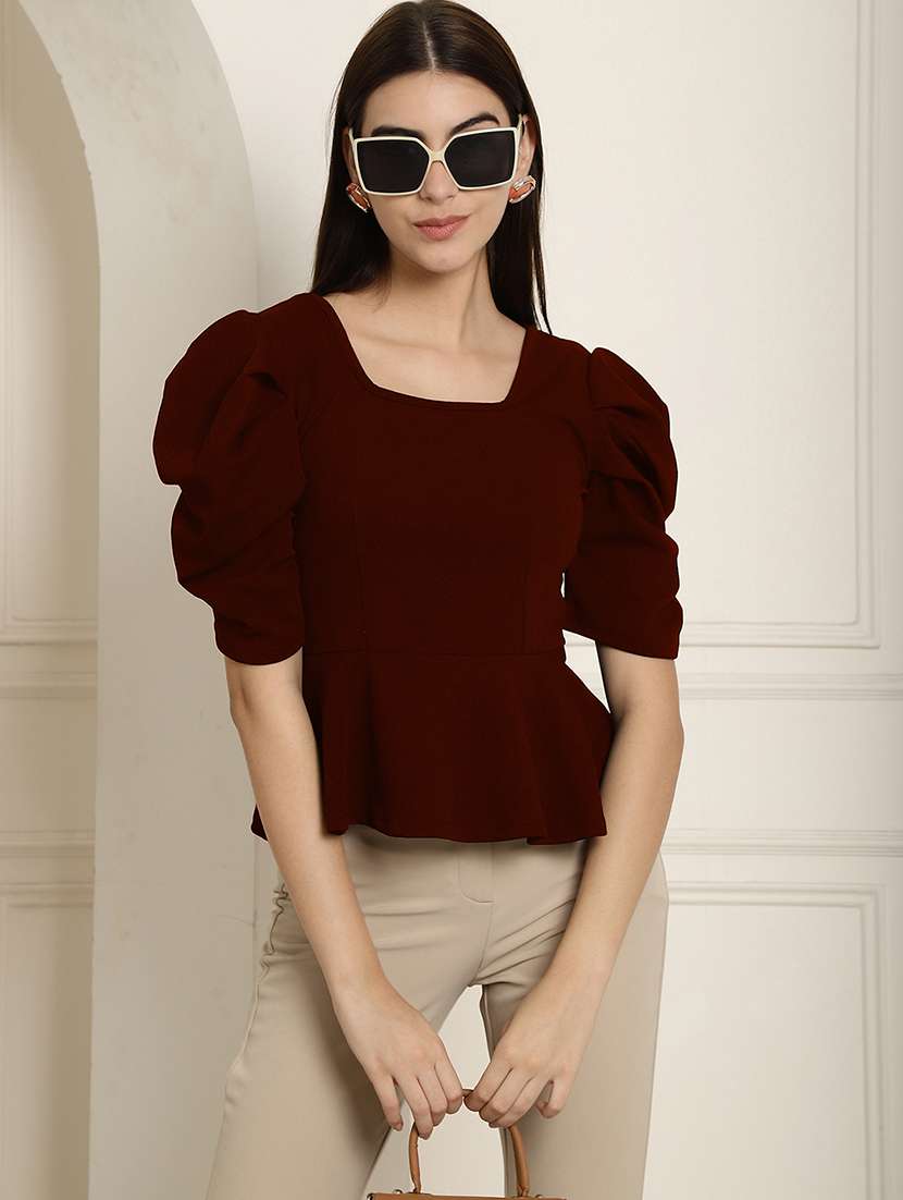 women solid puff sleeves peplum top
