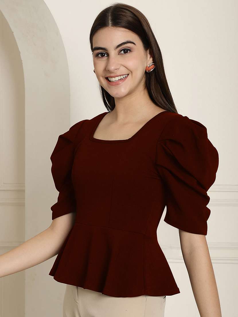 women solid puff sleeves peplum top - 22578882 -  Standard Image - 3