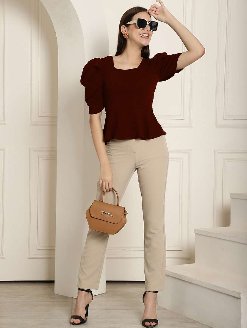women solid puff sleeves peplum top - 22578882 -  Standard Image - 5