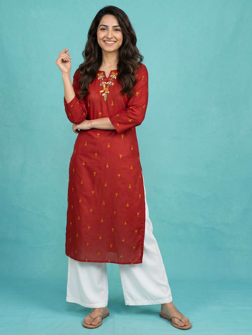women embroidered three quarter sleeves straight kurta