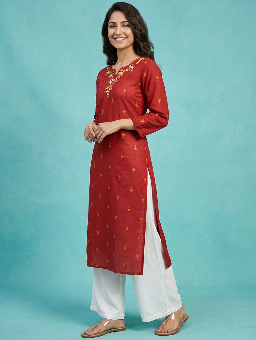 Women Embroidered Three Quarter Sleeves Straight Kurta - 22578885 -  Standard Image - 3
