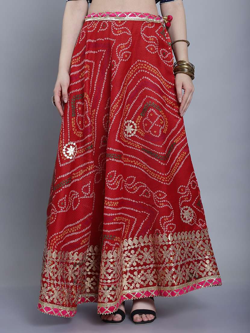 women bandhani printed flared long skirt