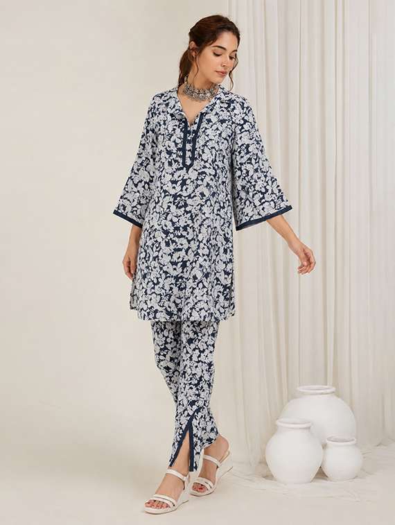 women printed three quarter sleeves ethnic co-ord set