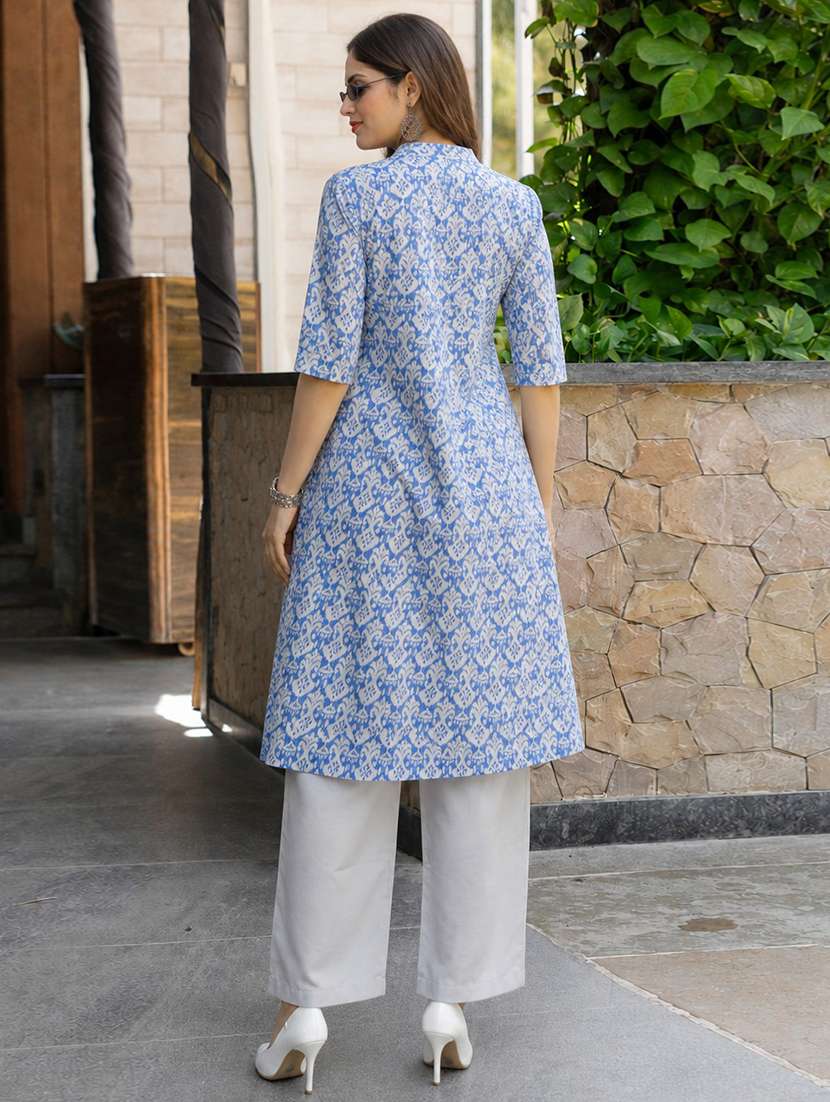 women printed three quarter sleeves kurta pant set - 22579022 -  Standard Image - 3