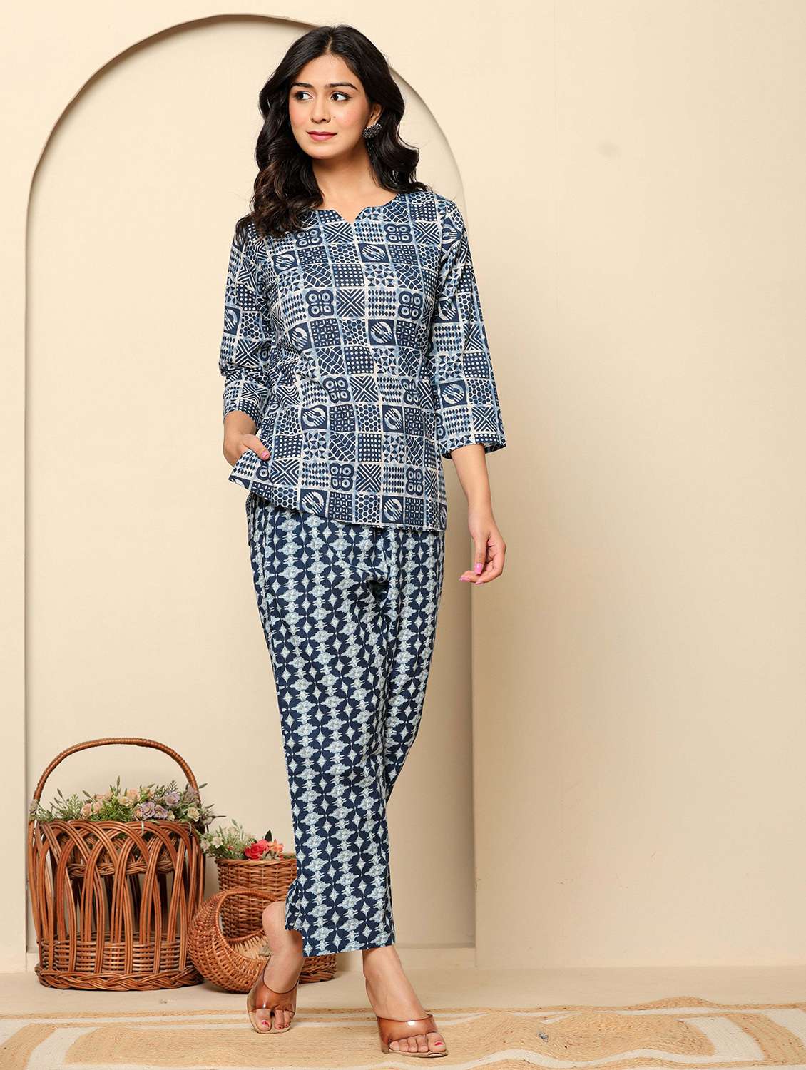 women printed three quarter sleeves ethnic co-ord set