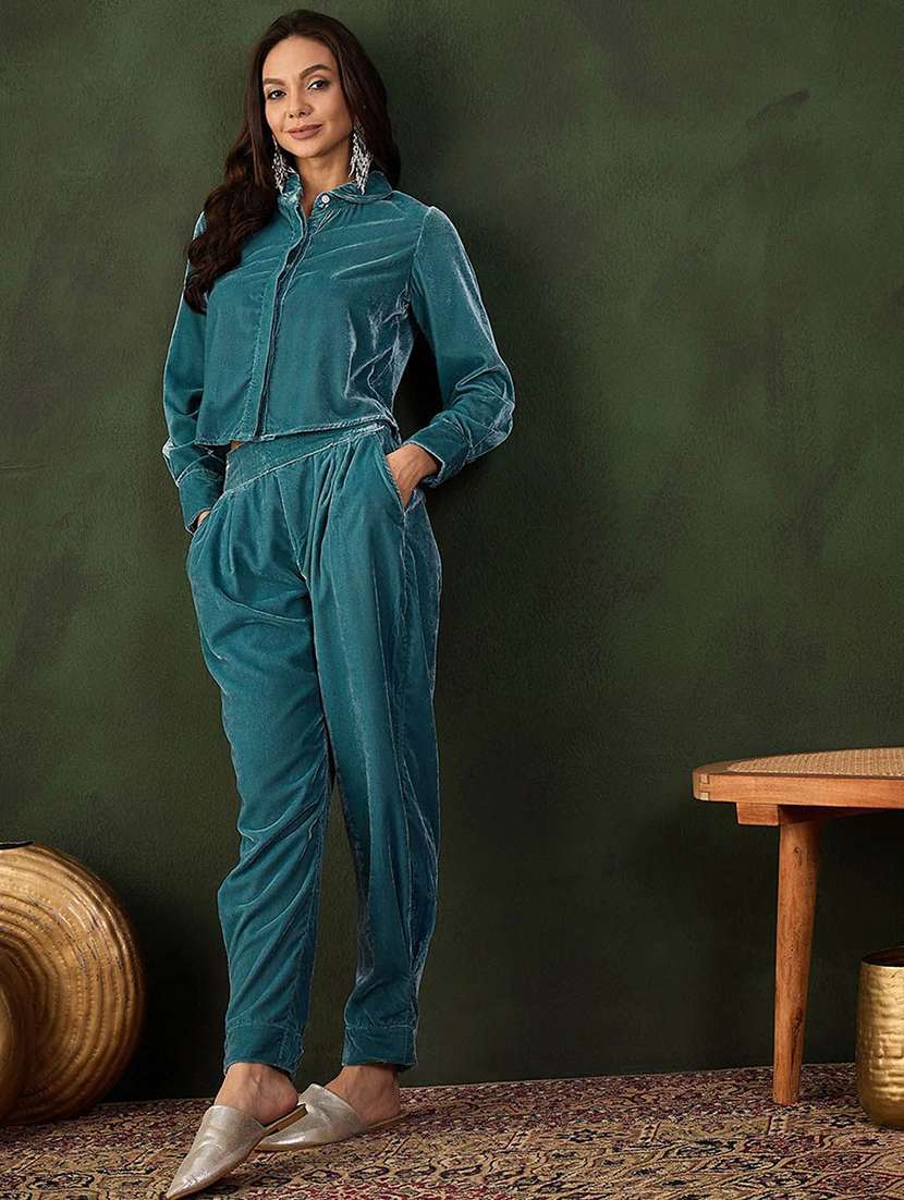 women solid long sleeves shirt and trouser co-ord set