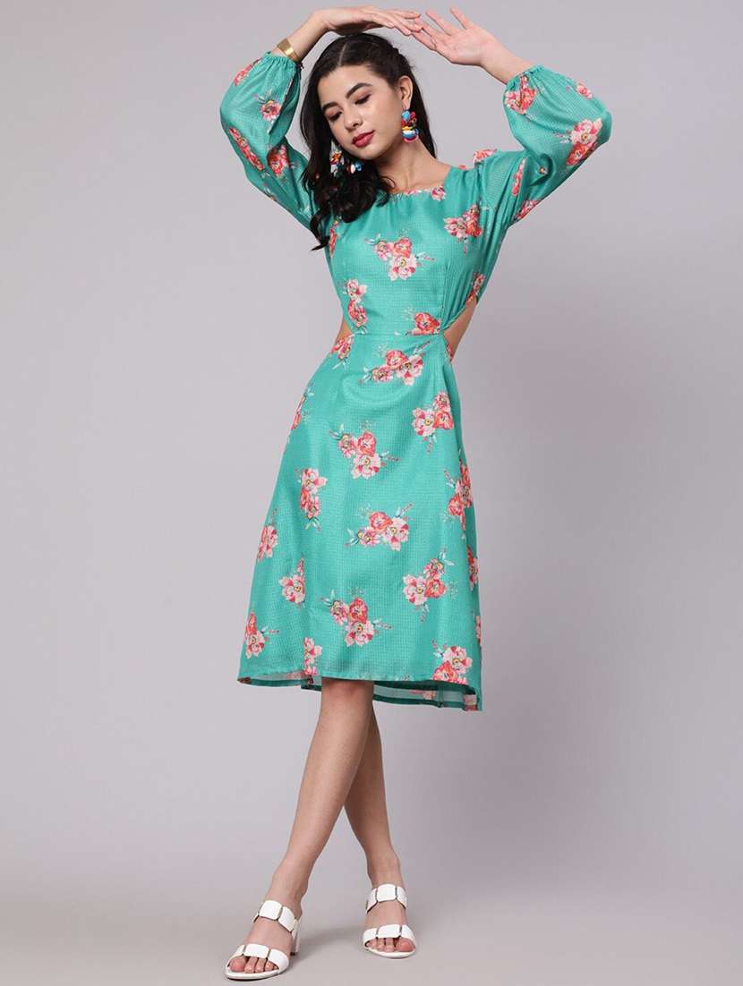 women printed bishop sleeves a-line dress