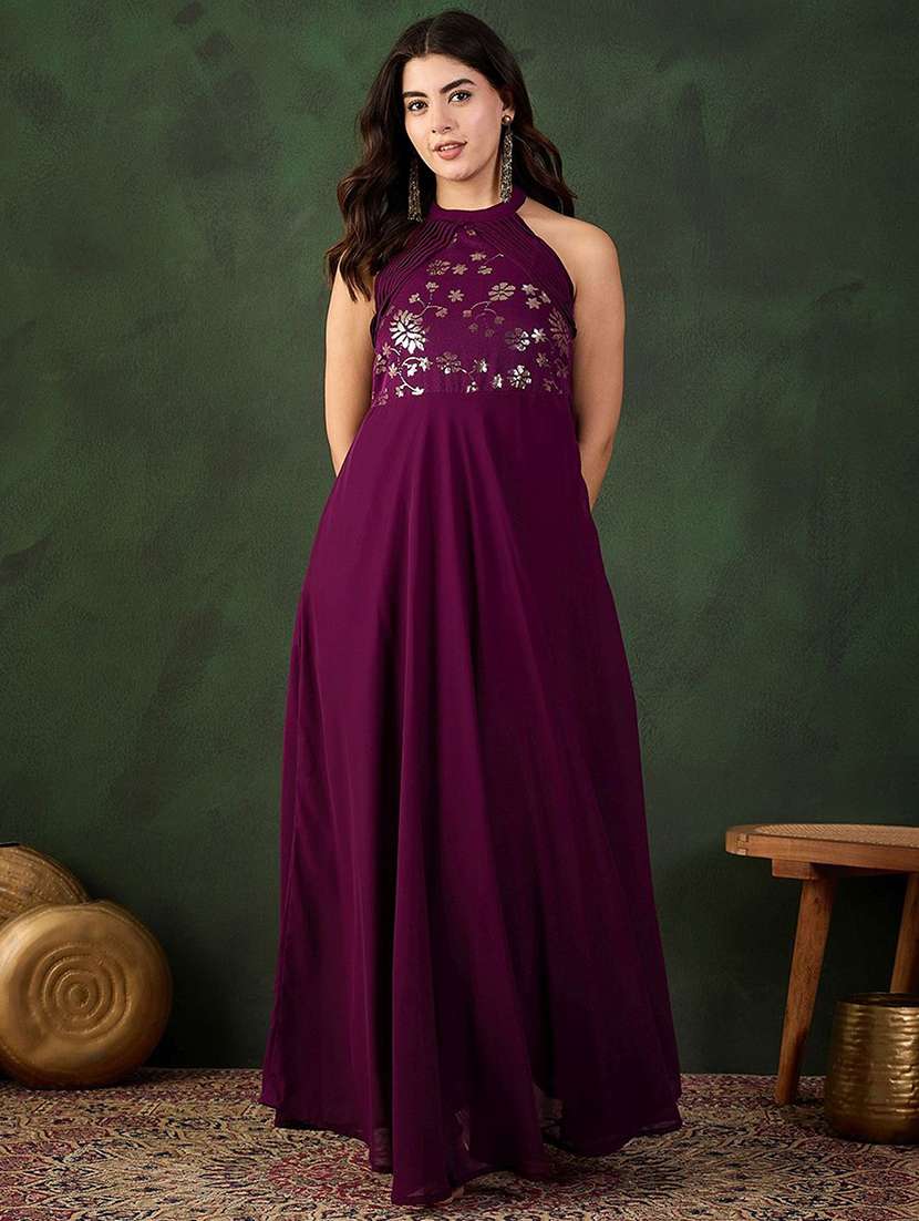 women embroidered halter neck fit and flare dress