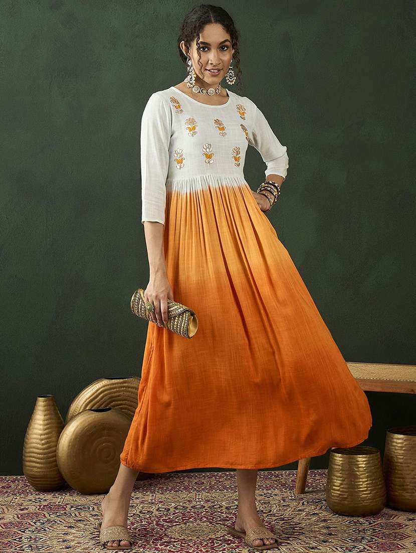 women embroidered three quarter sleeves flared dress