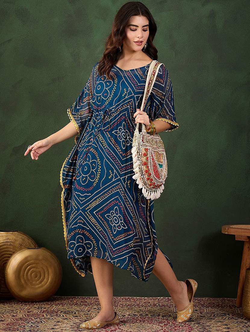 women printed v neck kaftan dress