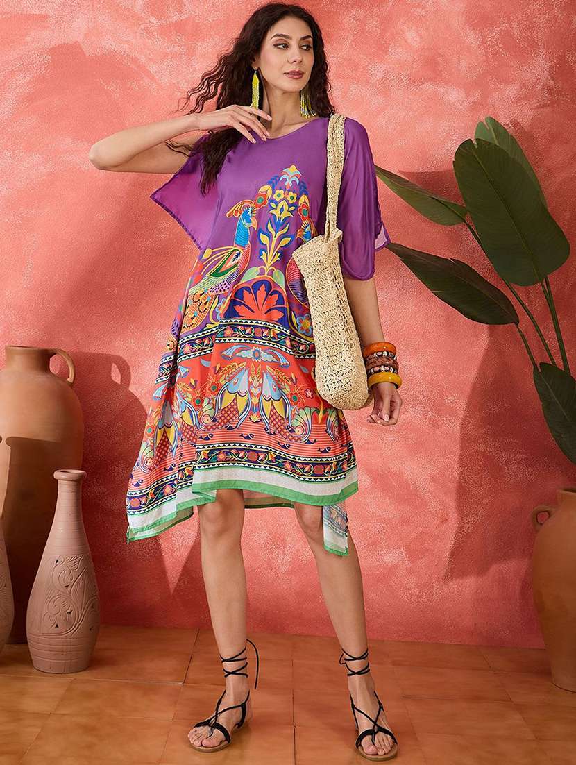 women printed v neck kaftan dress