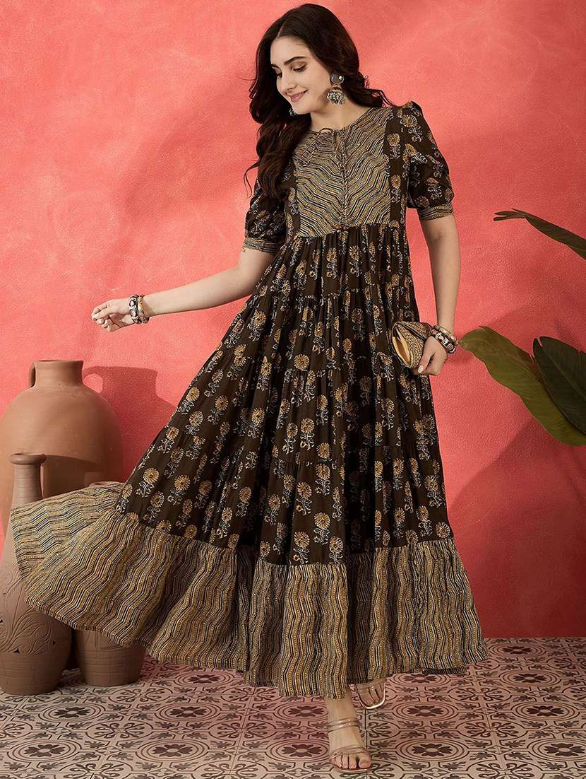 women printed puff sleeves tiered dress