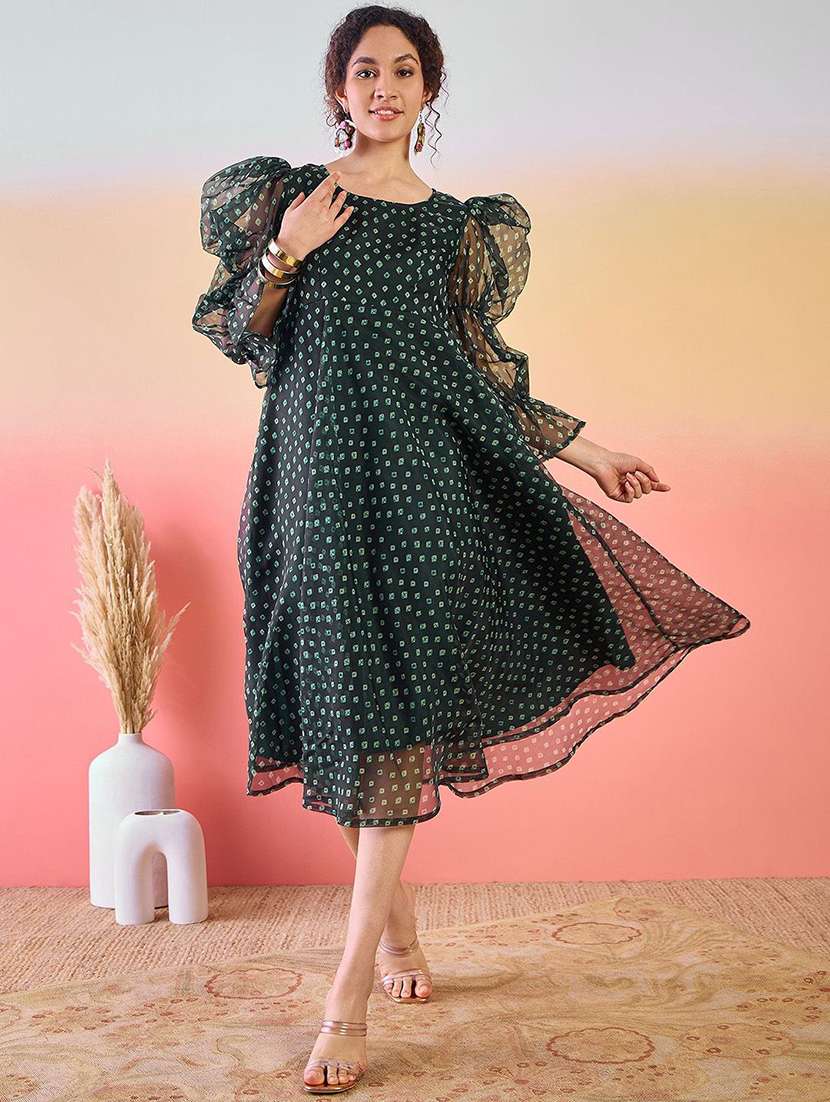 women printed round neck fit and flare dress