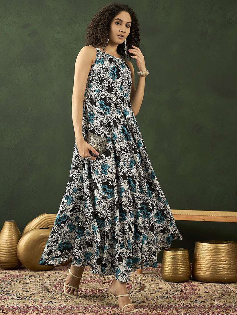 women printed sleeveless fit and flare dress