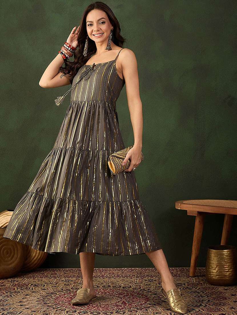women self design shoulder strap tiered dress