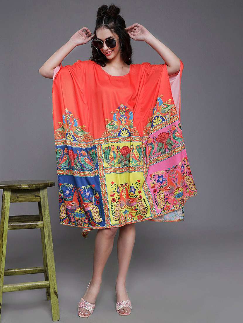 women printed round neck kaftan dress