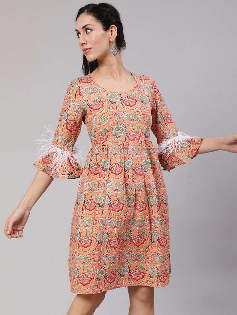 women printed bell sleeves a-line dress