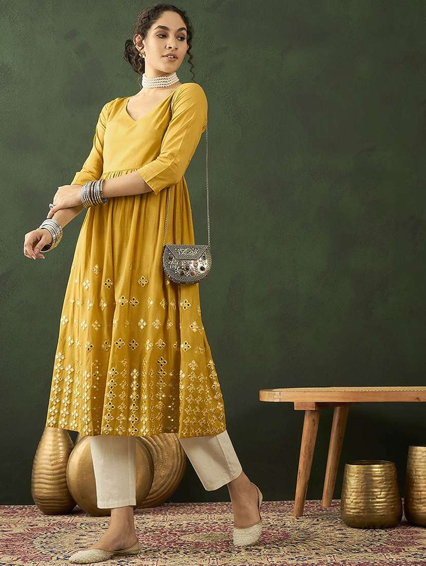 women solid with work three quarter sleeve anarkali kurta