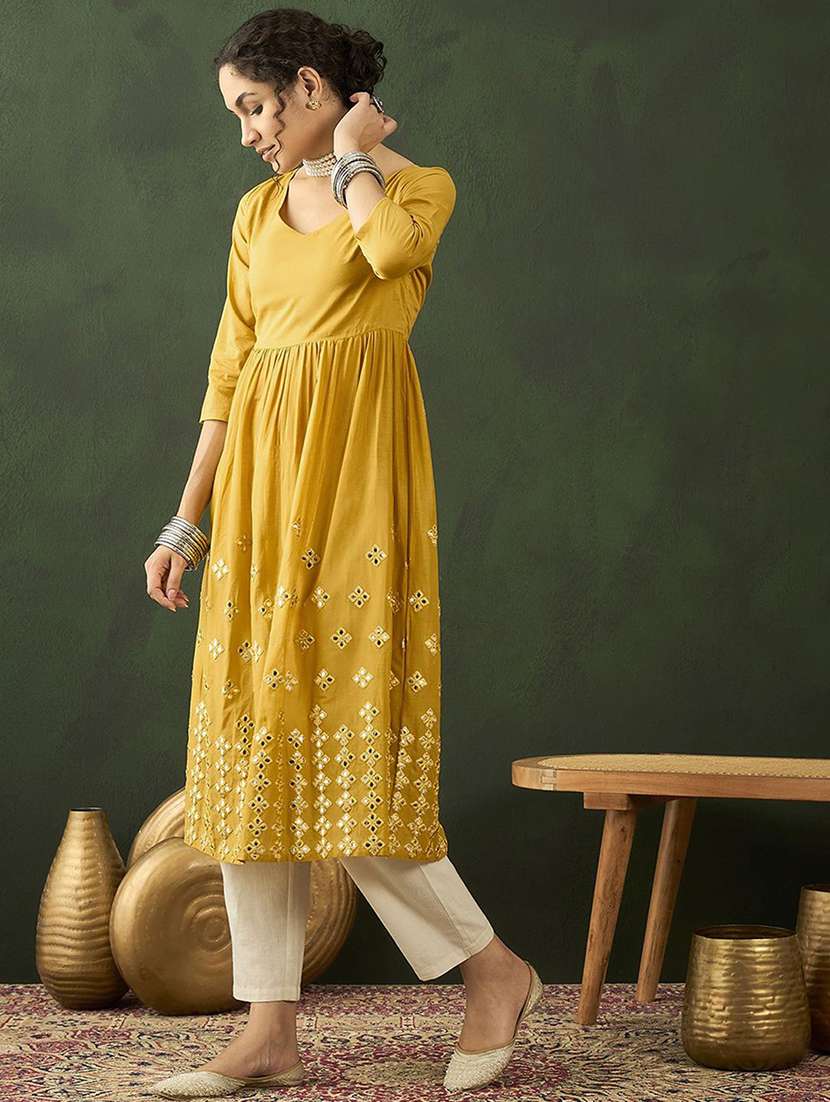 women solid with work three quarter sleeve anarkali kurta - 22579181 -  Standard Image - 3