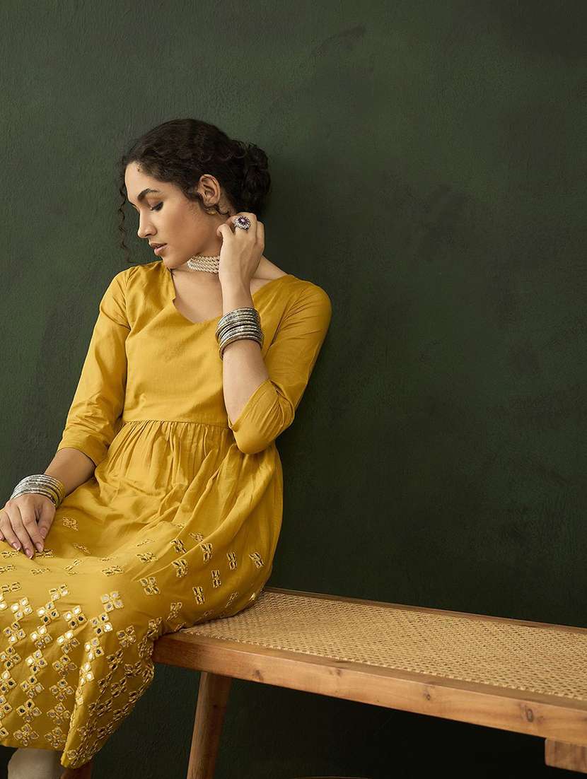 women solid with work three quarter sleeve anarkali kurta - 22579181 -  Standard Image - 5