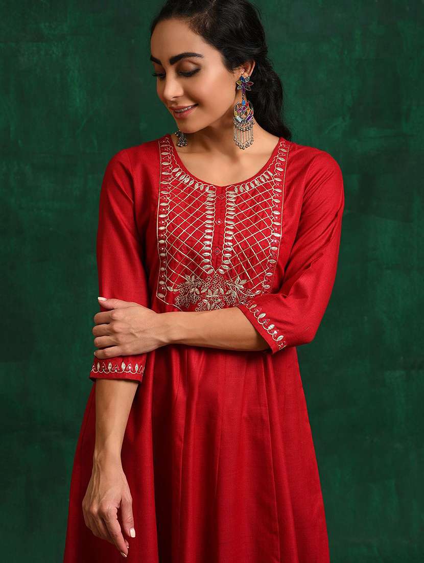 women solid with work three quarter sleeve anarkali kurta - 22579182 -  Standard Image - 5