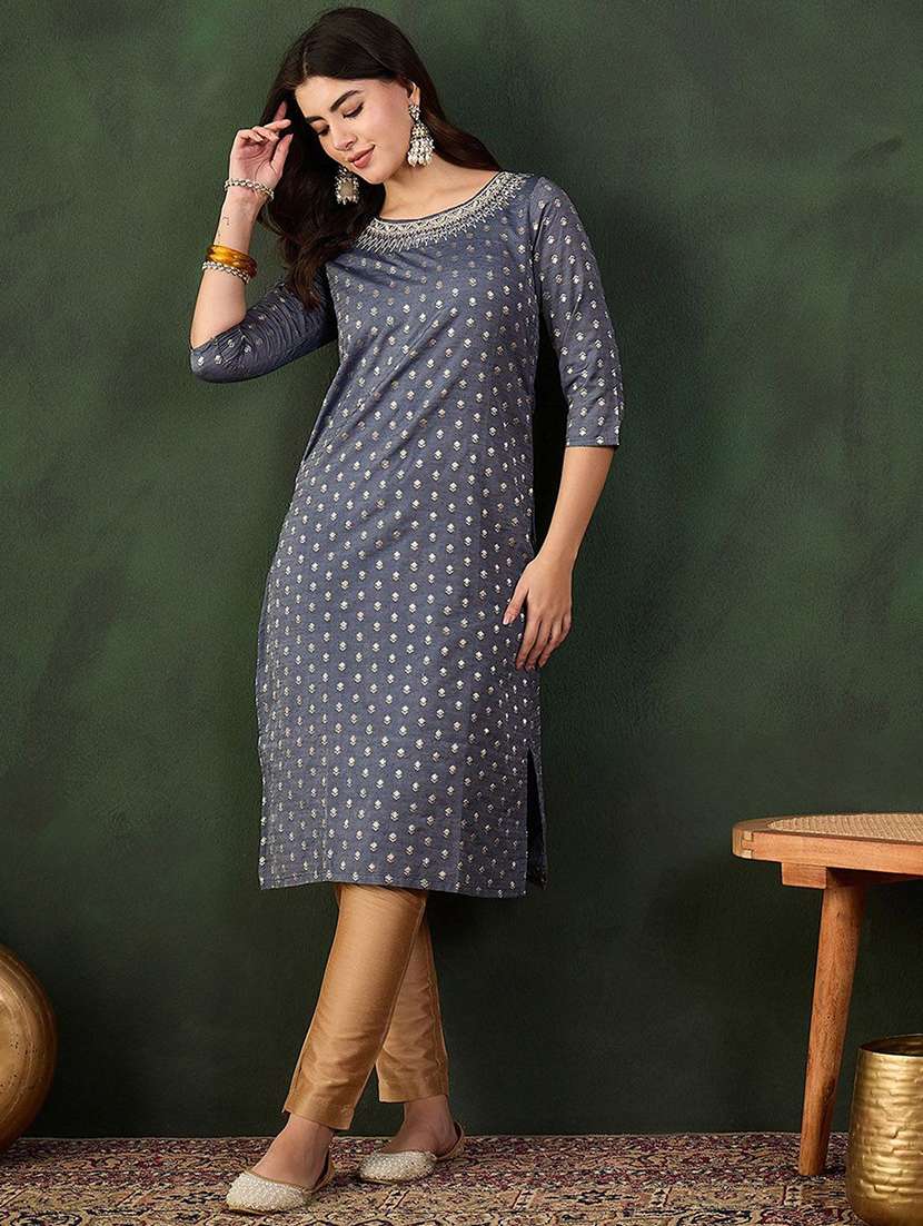 women self design three quarter sleeve straight kurta