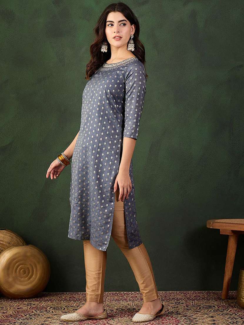women self design three quarter sleeve straight kurta - 22579183 -  Standard Image - 3