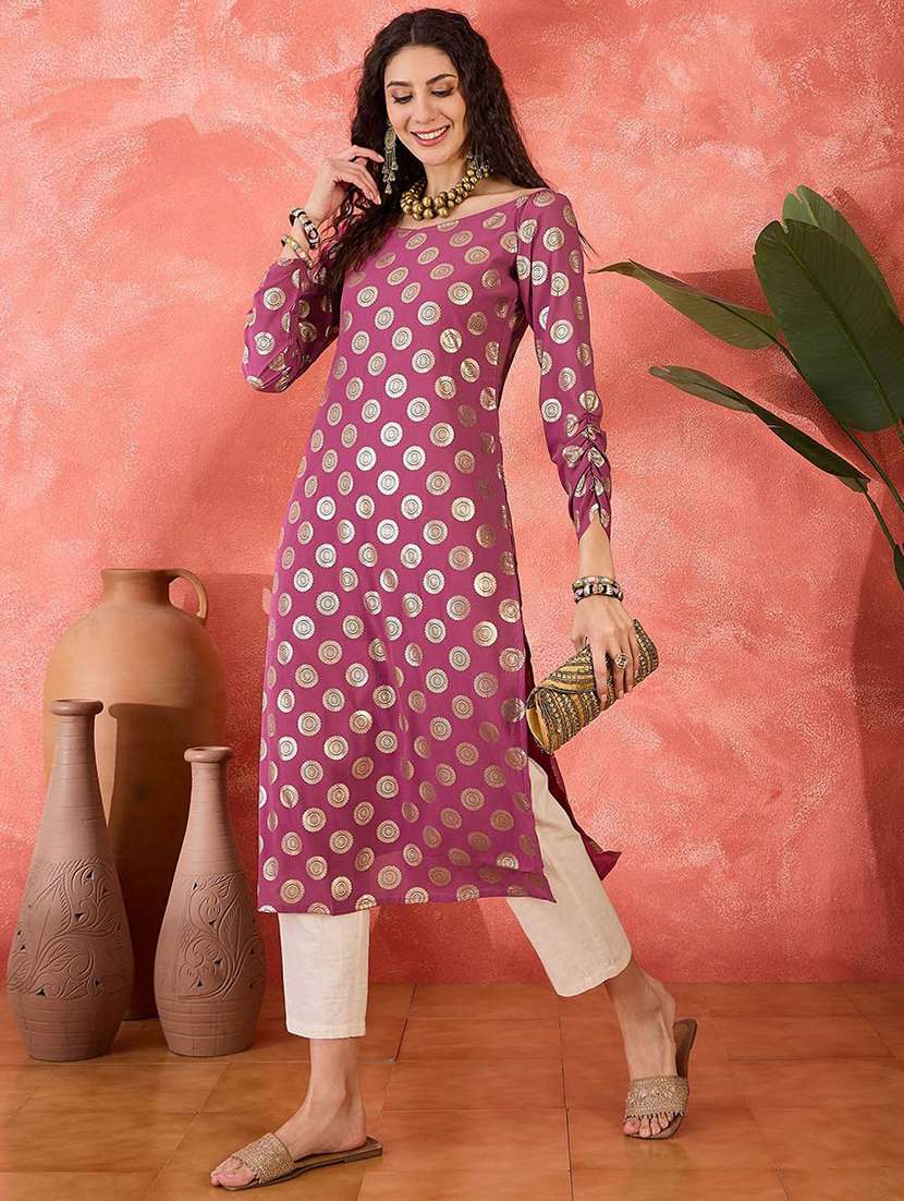 women printed three quarter sleeves straight kurta