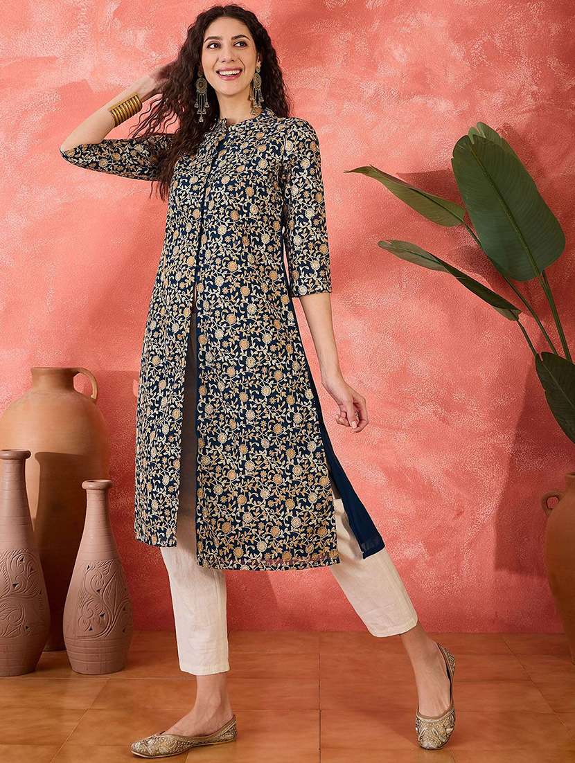 women embroidered three quarter sleeves a-line kurta