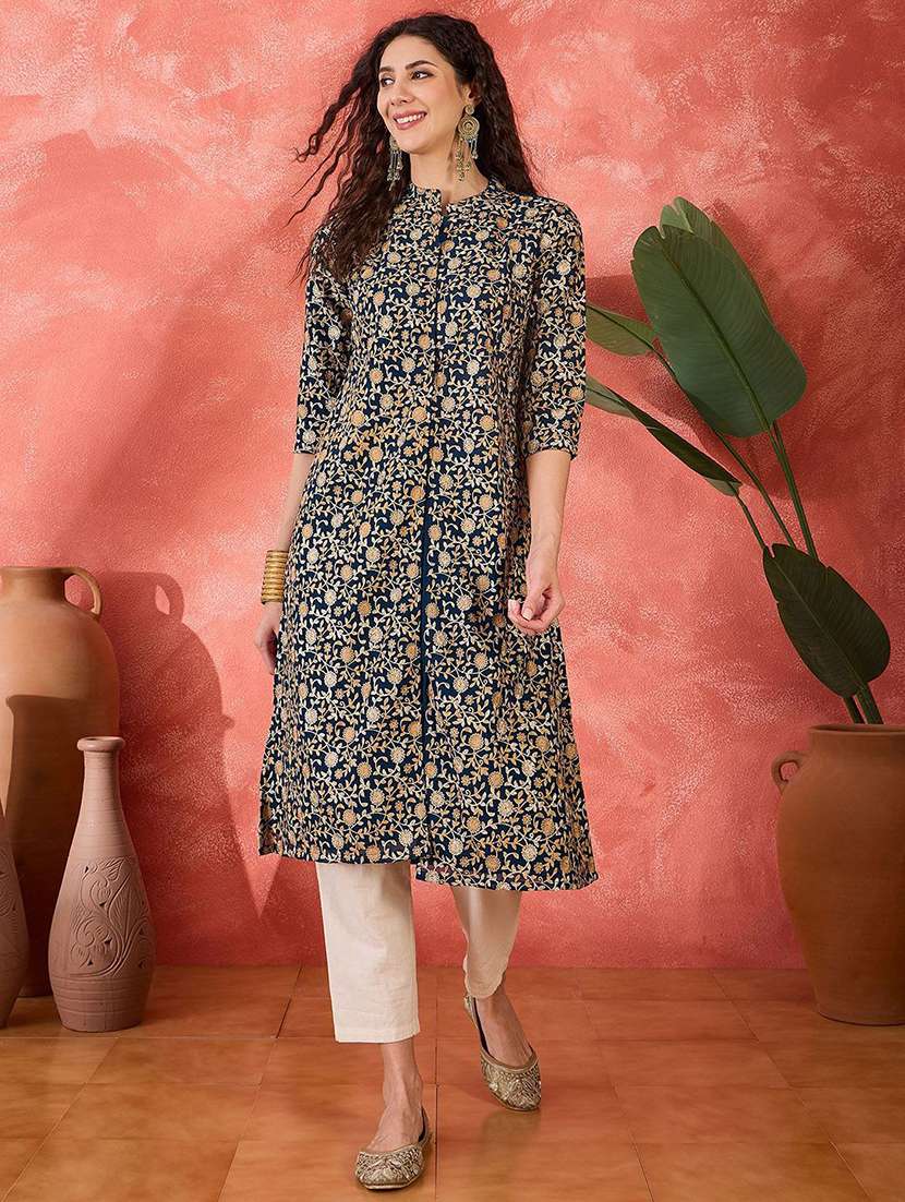 women embroidered three quarter sleeves a-line kurta - 22579188 -  Standard Image - 3