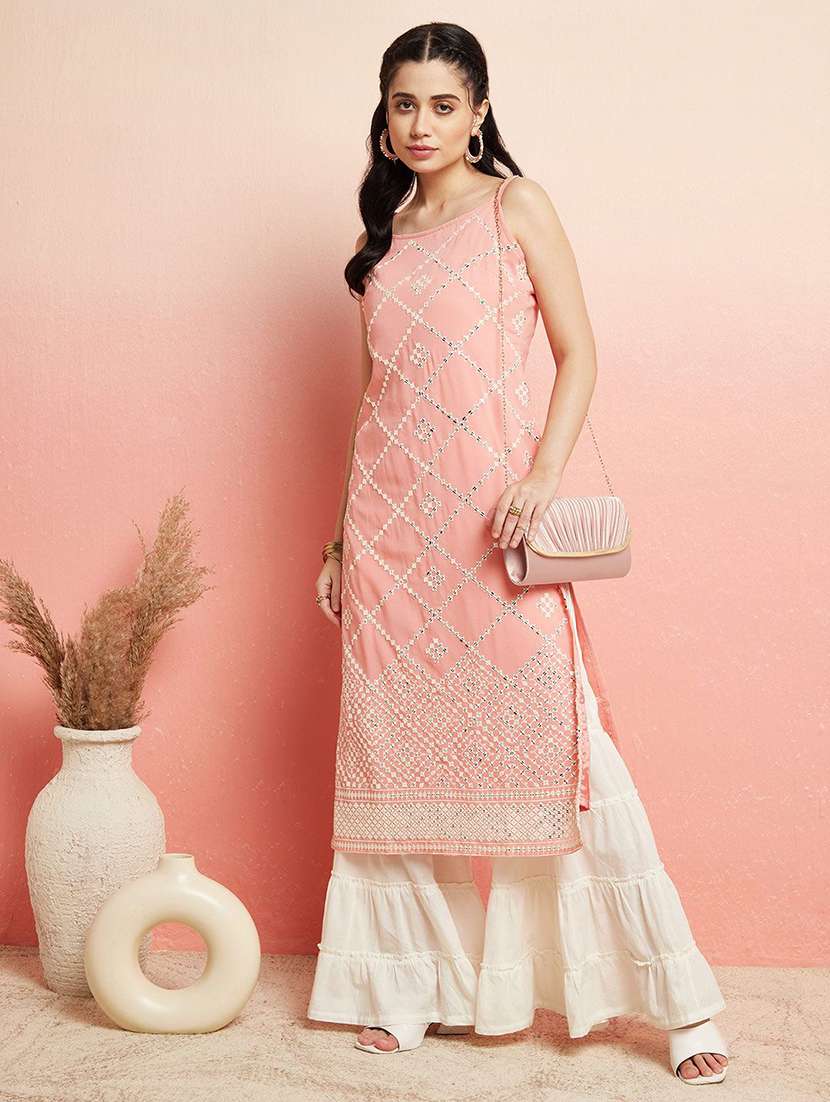 women embroidered shoulder strap straight kurta