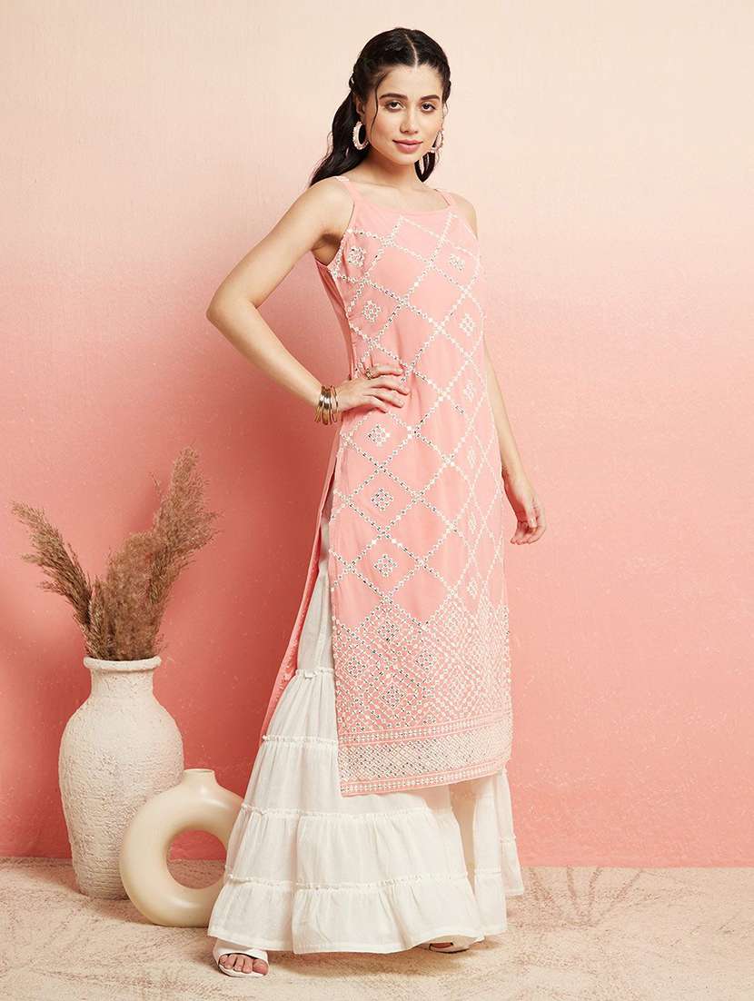women embroidered shoulder strap straight kurta - 22579193 -  Standard Image - 3