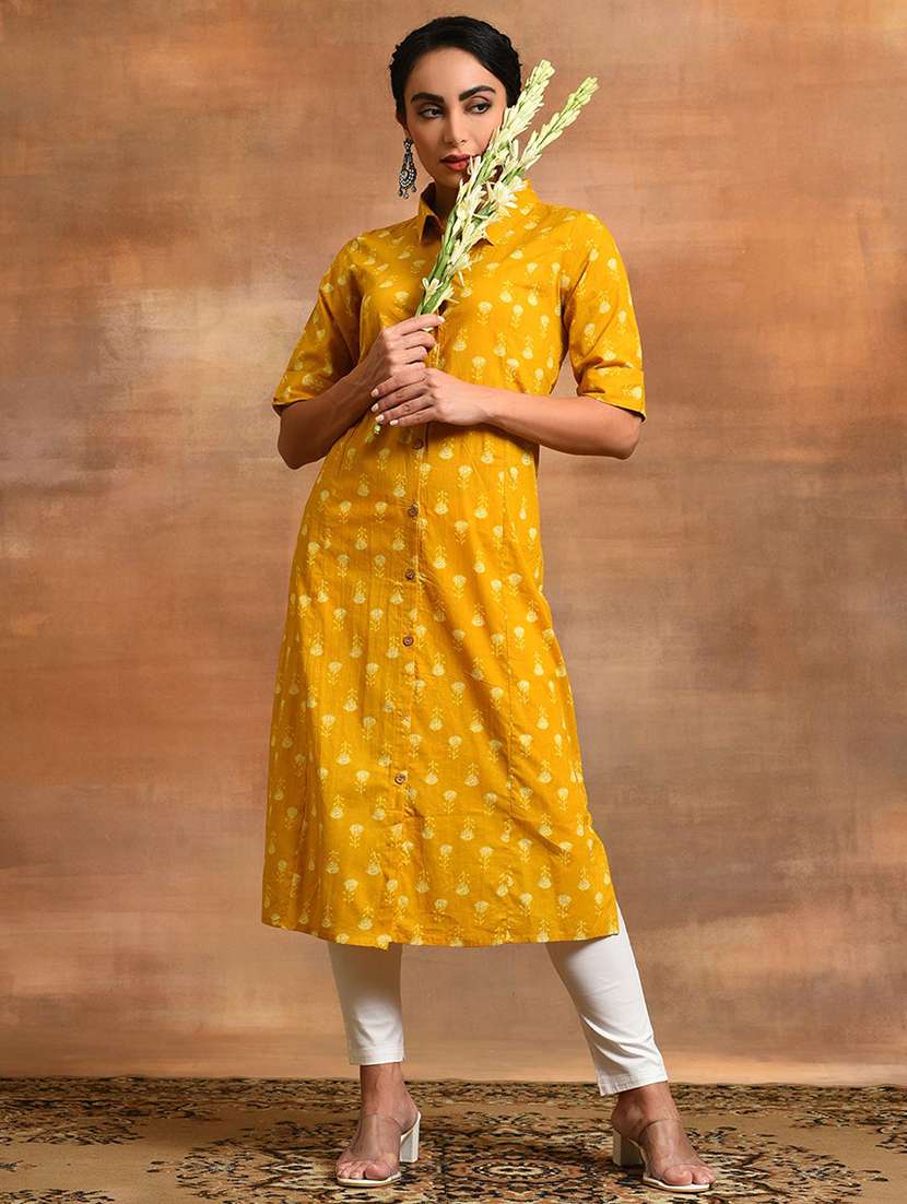 women printed short sleeves straight kurta